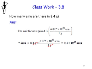 Class Work – 3.8
How many amu are there in 8.4 g?
Ans:
14
 