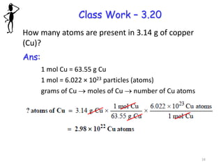 Class Work – 3.20
How many atoms are present in 3.14 g of copper
(Cu)?
Ans:
1 mol Cu = 63.55 g Cu
1 mol = 6.022 × 1023 particles (atoms)
grams of Cu → moles of Cu → number of Cu atoms
16
 