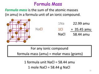 Formula mass is the sum of the atomic masses
(in amu) in a formula unit of an ionic compound.
1Na 22.99 amu
1Cl + 35.45 amu
NaCl 58.44 amu
For any ionic compound
formula mass (amu) = molar mass (grams)
1 formula unit NaCl = 58.44 amu
1 mole NaCl = 58.44 g NaCl
NaCl
Formula Mass
19
 