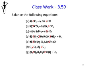 Class Work – 3.59
Balance the following equations:
(a) C + O2 → CO
(b) CO+ O2 → CO2
(c) H2 + Br2 → HBr
(d) K + H2O → KOH + H2
(e) Mg + O2 → MgO
(f) O3 → O2
(g) H2O2 → H2O + O2
(a) 2C + O2 → 2CO
(b) 2CO + O2 → 2CO2
(c) H2 + Br2 → 2HBr
(d) 2K + 2H2O → 2KOH + H2
(e) 2Mg + O2 → 2MgO
(f) 2O3 → 3O2
(g) 2H2O2 → 2H2O + O2
39
 