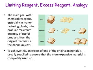 Limiting Reagent, Excess Reagent, Analogy
44
• The main goal with
chemical reactions,
especially in manu-
facturing plants, is to
produce maximum
quantity of useful
products from the
original materials at
the minimum cost.
• To achieve this, an excess of one of the original materials is
usually supplied to ensure that the more expensive material is
completely used up.
 