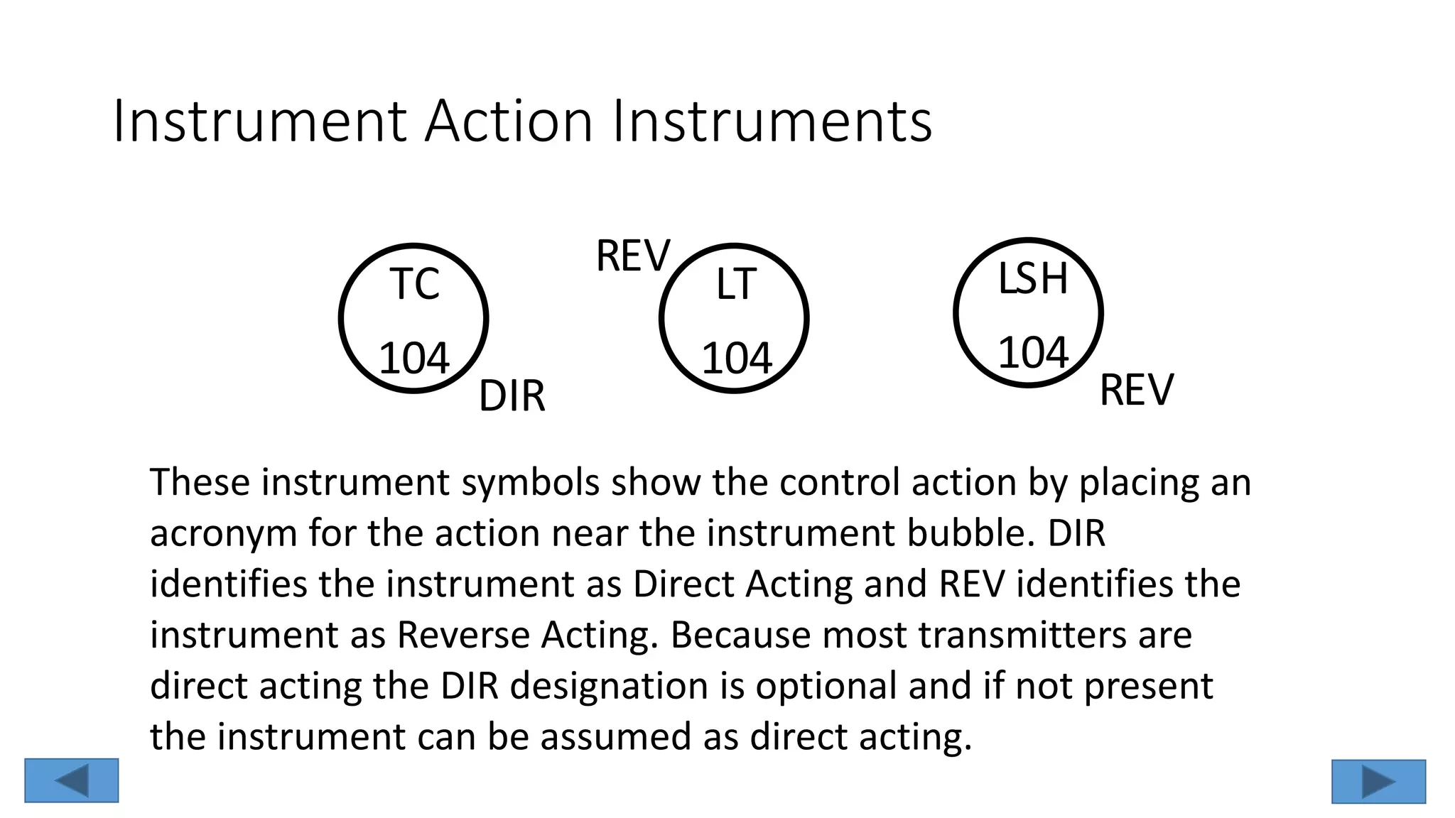 Instrument Action Instruments
TC
104
DIR
LT
104
REV LSH
104
REV
These instrument symbols show the control action by placing an
acronym for the action near the instrument bubble. DIR
identifies the instrument as Direct Acting and REV identifies the
instrument as Reverse Acting. Because most transmitters are
direct acting the DIR designation is optional and if not present
the instrument can be assumed as direct acting.
 
