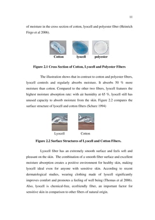 11
of moisture in the cross section of cotton, lyocell and polyester fiber (Heinrich
Firgo et al 2006).
Cotton lyocell polyester
Figure 2.1 Cross Section of Cotton, Lyocell and Polyester Fibers
The illustration shows that in contrast to cotton and polyester fibers,
lyocell controls and regularly absorbs moisture. It absorbs 50 % more
moisture than cotton. Compared to the other two fibers, lyocell features the
highest moisture absorption rate: with air humidity at 65 %, lyocell still has
unused capacity to absorb moisture from the skin. Figure 2.2 compares the
surface structure of lyocell and cotton fibers (Schurz 1994)
Lyocell Cotton
Figure 2.2 Surface Structures of Lyocell and Cotton Fibers.
Lyocell fiber has an extremely smooth surface and feels soft and
pleasant on the skin. The combination of a smooth fiber surface and excellent
moisture absorption creates a positive environment for healthy skin, making
lyocell ideal even for anyone with sensitive skin. According to recent
dermatological studies, wearing clothing made of lyocell significantly
improves comfort and promotes a feeling of well being (Thomas et al 2006).
Also, lyocell is chemical-free, ecofriendly fiber, an important factor for
sensitive skin in comparison to other fibers of natural origin.
 