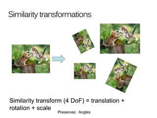 Similarity transformations
Similarity transform (4 DoF) = translation +
rotation + scale
Preserves: Angles
 