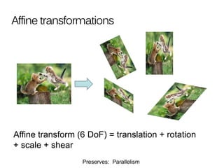 Affine transformations
Affine transform (6 DoF) = translation + rotation
+ scale + shear
Preserves: Parallelism
 