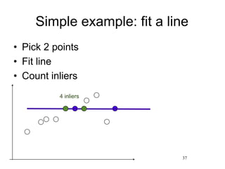 Simple example: fit a line
• Pick 2 points
• Fit line
• Count inliers
37
4 inliers
 