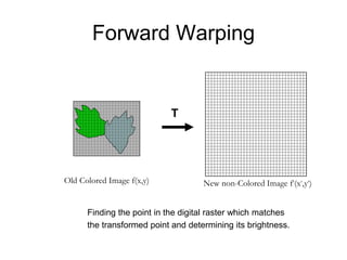 Forward Warping
Old Colored Image f(x,y) New non-Colored Image f’(x’,y’)
T
Finding the point in the digital raster which matches
the transformed point and determining its brightness.
 