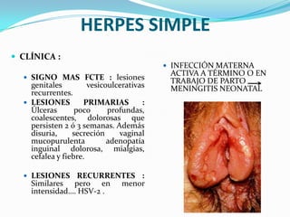 HERPES SIMPLE
 CLÍNICA :
                                           INFECCIÓN MATERNA
                                           ACTIVA A TÉRMINO O EN
   SIGNO MAS FCTE : lesiones
                                           TRABAJO DE PARTO
    genitales         vesicoulcerativas    MENINGITIS NEONATAL
    recurrentes.
   LESIONES        PRIMARIAS         :
    Úlceras       poco      profundas,
    coalescentes, dolorosas que
    persisten 2 ó 3 semanas. Además
    disuria,     secreción     vaginal
    mucopurulenta           adenopatía
    inguinal dolorosa, mialgias,
    cefalea y fiebre.

   LESIONES     RECURRENTES :
    Similares pero en menor
    intensidad…. HSV-2 .
 
