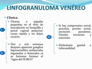 LINFOGRANULOMA VENÉREO
      Clínica:
         Úlceras     o     pápulas
          pequeñas en el sitio de              Si hay compromiso rectal,
          inoculación en horquilla y            proctitis, prurito rectal,
I         pared vaginal posterior,              secreción        purulenta.
          curan rápido y no dejan               Fístulas    terciarias    y
          cicatriz.                     III     estenosis.

         Dos    a seis semanas                Elefantiasis    genital   e
          después aparecen ganglios             infecundidad.
          hipersensibles unilaterales
II        inguinales o femorales…si
          se fusionan forman el
          “signo del SURCO”
 
