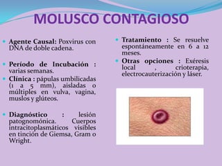 MOLUSCO CONTAGIOSO
 Agente Causal: Poxvirus con      Tratamiento : Se resuelve
  DNA de doble cadena.              espontáneamente en 6 a 12
                                    meses.
                                   Otras opciones : Exéresis
 Período de Incubación :           local      ,       crioterapia,
  varias semanas.                   electrocauterización y láser.
 Clínica : pápulas umbilicadas
  (1 a 5 mm), aisladas o
  múltiples en vulva, vagina,
  muslos y glúteos.

 Diagnóstico      :     lesión
  patognomónica.       Cuerpos
  intracitoplasmáticos visibles
  en tinción de Giemsa, Gram o
  Wright.
 