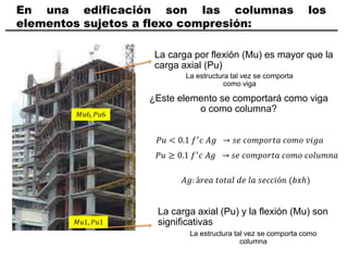 En una edificación son las columnas los
elementos sujetos a flexo compresión:
La carga axial (Pu) y la flexión (Mu) son
significativas
La carga por flexión (Mu) es mayor que la
carga axial (Pu)
¿Este elemento se comportará como viga
o como columna?
𝑃𝑢 < 0.1 𝑓′
𝑐 𝐴𝑔 → 𝑠𝑒 𝑐𝑜𝑚𝑝𝑜𝑟𝑡𝑎 𝑐𝑜𝑚𝑜 𝑣𝑖𝑔𝑎
𝑃𝑢 ≥ 0.1 𝑓′𝑐 𝐴𝑔 → 𝑠𝑒 𝑐𝑜𝑚𝑝𝑜𝑟𝑡𝑎 𝑐𝑜𝑚𝑜 𝑐𝑜𝑙𝑢𝑚𝑛𝑎
La estructura tal vez se comporta como
columna
La estructura tal vez se comporta
como viga
𝐴𝑔: á𝑟𝑒𝑎 𝑡𝑜𝑡𝑎𝑙 𝑑𝑒 𝑙𝑎 𝑠𝑒𝑐𝑐𝑖ó𝑛 (𝑏𝑥ℎ)
𝑀𝑢1, 𝑃𝑢1
𝑀𝑢6, 𝑃𝑢6
 