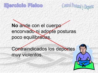 Relajación-RespiraciónEjercicio FísicoPráctica ejercicios respiratorios y musculatura defonación.F El sonido se apoya en los abdominales.	FInspiración nasal y espiración simultánea a la emisión fónica.La fonación en posición supina fortalece las cuerdas.Control constante y periódico de:FPosición corporal adecuada.FRelajación bucal, mandibulary cervical.FTono, volumen y articulación correctos.	FFlexiones de cuello.Respiración costo-diafragmática-abdominal.