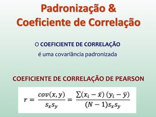Padronização &
Coeficiente de Correlação
O COEFICIENTE DE CORRELAÇÃO
é uma covariância padronizada
COEFICIENTE DE CORRELAÇÃO DE PEARSON
 