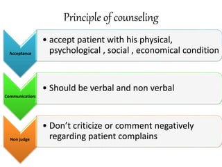 Principle of counseling
Acceptance
• accept patient with his physical,
psychological , social , economical condition
Communication:
• Should be verbal and non verbal
Non judge
• Don’t criticize or comment negatively
regarding patient complains
 