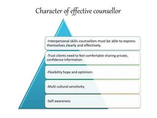 Character of effective counsellor
-Interpersonal skills counsellors must be able to express
themselves clearly and effectively.
-Trust clients need to feel comfortable sharing private,
confidence information.
-Flexibility hope and optimism.
-Multi cultural sensitivity.
-Self-awareness
 