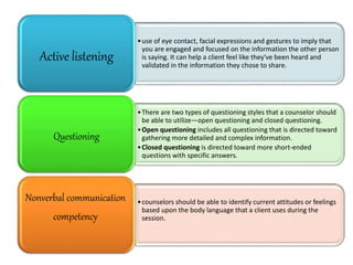 •use of eye contact, facial expressions and gestures to imply that
you are engaged and focused on the information the other person
is saying. It can help a client feel like they've been heard and
validated in the information they chose to share.
Active listening
•There are two types of questioning styles that a counselor should
be able to utilize—open questioning and closed questioning.
•Open questioning includes all questioning that is directed toward
gathering more detailed and complex information.
•Closed questioning is directed toward more short-ended
questions with specific answers.
Questioning
•counselors should be able to identify current attitudes or feelings
based upon the body language that a client uses during the
session.
Nonverbal communication
competency
 