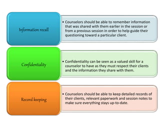 • Counselors should be able to remember information
that was shared with them earlier in the session or
from a previous session in order to help guide their
questioning toward a particular client.
Information recall
• Confidentiality can be seen as a valued skill for a
counselor to have as they must respect their clients
and the information they share with them.
Confidentiality
• Counselors should be able to keep detailed records of
their clients, relevant paperwork and session notes to
make sure everything stays up-to-date.
Record keeping
 