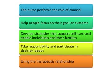 The nurse performs the role of counsel
Help people focus on their goal or outcome
Develop strategies that support self-care and
enable individuals and their families
Take responsibility and participate in
decision about
Using the therapeutic relationship
 