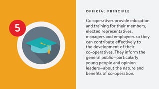 5
Co-operatives provide education
and training for their members,
elected representatives,
managers and employees so they
can contribute effectively to
the development of their
co-operatives. They inform the
general public­—particularly
young people and opinion
leaders—about the nature and
benefits of co-operation.
O F F I C I A L P R I N C I P L E
 