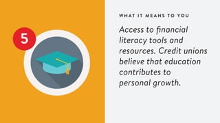 5
W H A T I T M E A N S T O Y O U
Access to financial
literacy tools and
resources. Credit unions
believe that education
contributes to
personal growth.
 