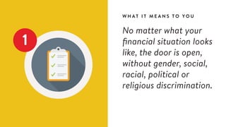 1
W H A T I T M E A N S T O Y O U
No matter what your
financial situation looks
like, the door is open,
without gender, social,
racial, political or
religious discrimination.
 