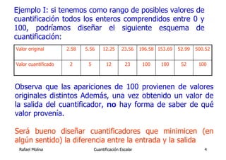 Ejemplo I: si tenemos como rango de posibles valores de
cuantificación todos los enteros comprendidos entre 0 y
100, podríamos diseñar el siguiente esquema de
cuantificación:
Valor original       2.58   5.56      12.25     23.56     196.58 153.69   52.99   500.52


Valor cuantificado    2      5          12        23       100    100      52      100



Observa que las apariciones de 100 provienen de valores
originales distintos Además, una vez obtenido un valor de
la salida del cuantificador, no hay forma de saber de qué
valor provenía.

Será bueno diseñar cuantificadores que minimicen (en
algún sentido) la diferencia entre la entrada y la salida
 Rafael Molina                   Cuantificación Escalar                              4
 