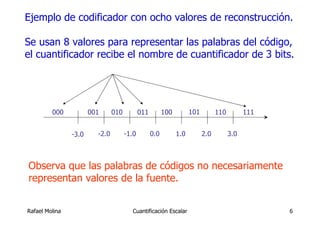 Ejemplo de codificador con ocho valores de reconstrucción.

Se usan 8 valores para representar las palabras del código,
el cuantificador recibe el nombre de cuantificador de 3 bits.




         000           001      010          011         100         101         110         111


                -3.0     -2.0         -1.0         0.0         1.0         2.0         3.0



Observa que las palabras de códigos no necesariamente
representan valores de la fuente.


Rafael Molina                           Cuantificación Escalar                                     6
 
