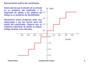 Representación gráfica del cuantificador.

Podría decirse que la división de la entrada           Salida
es un problema del codificador y la
asignación de salidas a las palabras del 3.5
código es un problema del decodificador.
                                                2.5
Obviamente ambos problemas están muy
relacionados y los dos forman parte del
diseño del cuantificador. Observa que un 1.5
problema importante de diseño es asignar
códigos binarios a los intervalos.
                                                0.5

                    -4.0   -3.0   -2.0   -1.0                1.0   2.0   3.0       4.0
                                                      -0.5
                                                                         Entrada

                                                      -1.5


                                                      -2.5


                                                      -3.5


    Rafael Molina                        Cuantificación Escalar                          9
 