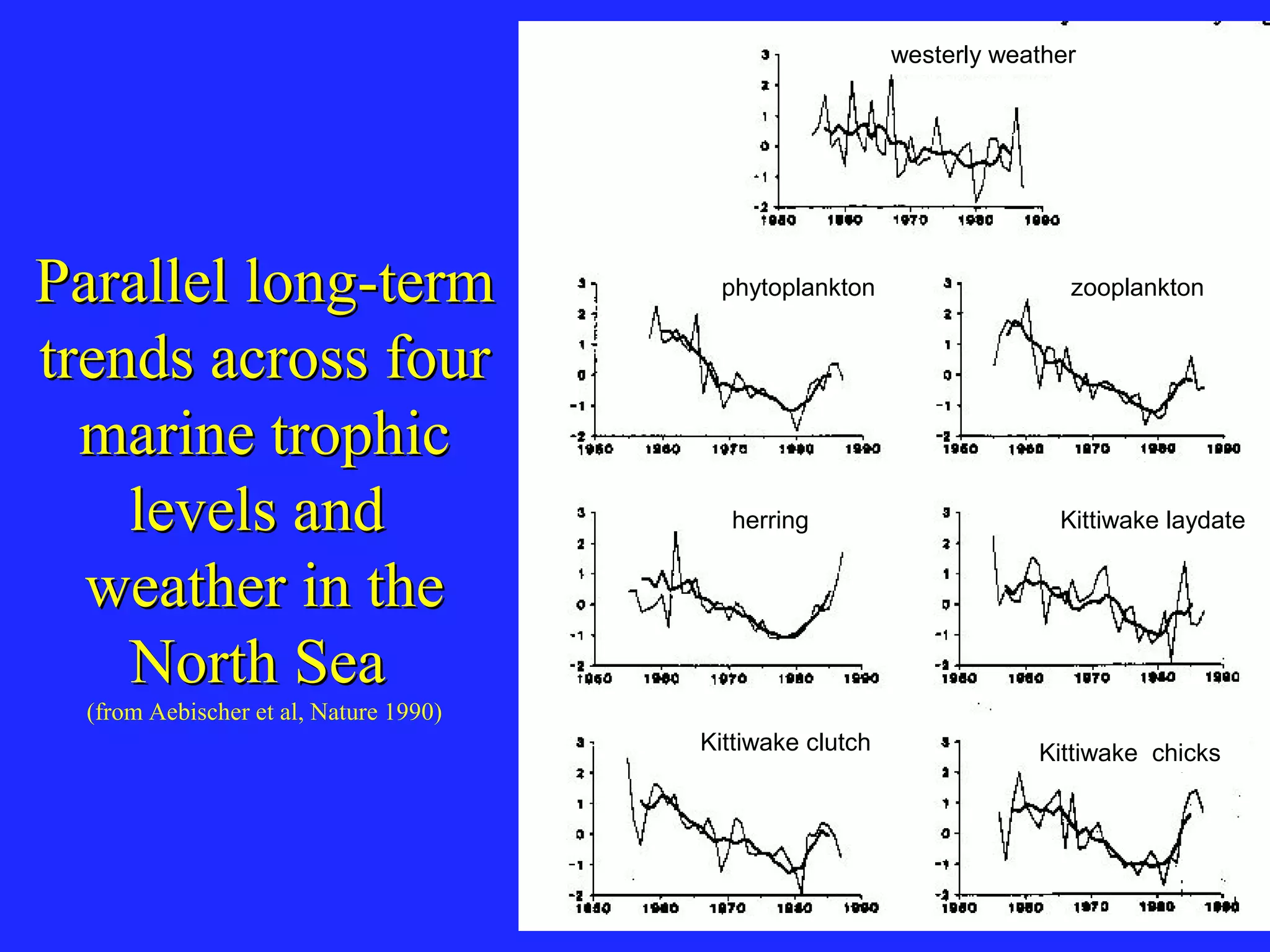 Parallel long-termParallel long-term
trends across fourtrends across four
marine trophicmarine trophic
levels andlevels and
weather in theweather in the
North SeaNorth Sea
(from Aebischer et al, Nature 1990)
westerly weather
phytoplankton zooplankton
herring Kittiwake laydate
Kittiwake clutch Kittiwake chicks
 