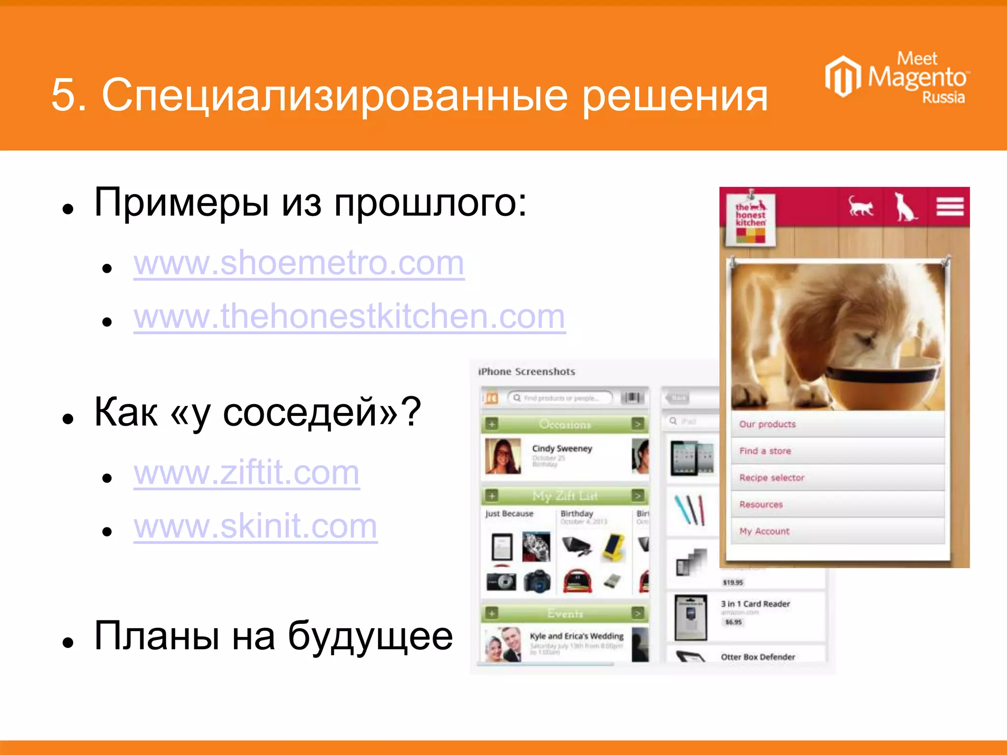 5. Специализированные решения
 Примеры из прошлого:
 www.shoemetro.com
 www.thehonestkitchen.com
 Как «у соседей»?
 www.ziftit.com
 www.skinit.com
 Планы на будущее
 