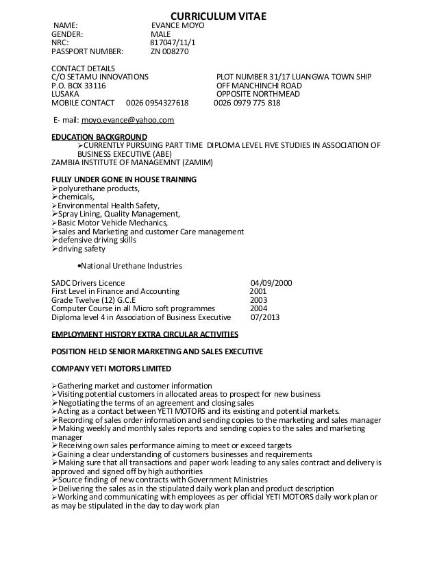 Curriculum Vitae Zambia Format Research Paper Directory