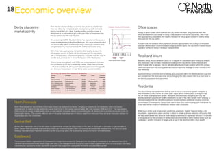 18Economic overview
Over the last decade Derby’s economy has grown at a faster rate
than any other city in England, with employment growth ranked in
the top five of the UK’s cities. Building on this recent success, a
Masterplan is in place which will guide over £2bn of investment into
the city centre over the next 15 years.
Since opening in 2007, Westfield Derby has repositioned Derby as a
major retaildestination in the East Midlands. The city’s enhanced retail
and leisure offer will be bolstered by major mixed-use schemes and
complemented by improvements to the Cathedral Quarter area.
With Pride Park approaching completion, the healthy demand for
office space evident in Derby will be refocused on the city centre,
with a number of key schemes expected to complete over the next 18
months and provision for 1.4m sq ft of space in the Masterplan.
Strong house price growth and 5,000 new units proposed indicates
the confidence in the city’s residential market. Major new schemes,
such as in Castleward, will support the anticipated economic growth
and increase the provision of new family-sized accommodation.
Office spaces
Supply of good quality office space in the city centre has been long overdue and new
office developments are certain to bring a new headline rent for the city centre. With Pride
Park approaching completion, the healthy demand for office space evident in Derby will be
refocused on the city centre.
Provided that the sizeable office pipeline is phased appropriately and a range of floorplate
sizes are offered which accommodate a range business types, the city centre market should
capitalise further on Derby’s strategic transport links.
Retail and leisure
Westfield Derby should establish Derby as a magnet for mainstream and emerging retailers
who previously may not have considered locating in the city. As the centre matures and
Derby’s retail offer re-adjusts, the city will strengthenits dominant position within the primary
catchment area over the coming years and reduce spending leakage to other centres in the
East Midlands.
Significant leisure schemes both underway and proposed within the Masterplan will augment
and complement the improved retail sector, bringing the city’s leisure offer to a level more in
line with its population and catchment.
Residential
The city of Derby has established itself as one of the UK’s economic growth hotspots, a
view endorsed by the ‘Centre for Cities 2008’ report which ranked Derby among the top
five UK cities for employment growth. Alongside this economic buoyancy, the city has
recently received a significant £3.8m investment as part of the New Growth Point strategy, a
national initiative that has identified particular locations where additional housing could be
concentrated. Consequently, Derby could see at least 20% more housing over and above the
5,000 new homes under the Masterplan already been proposed.
While much of the local employment wealth has previously ‘leaked’ beyond Derby’s city
boundaries, regeneration plans are now in place to create a diverse selection of housing that
will help retain wealth and attract a wider range of residents. A significant amount of emphasis
is being placed on the provision of family-sized accommodation within central areas such as
Castleward, and the inclusion of larger units is key to the retention of the city’s wealth.
North Riverside
North Riverside will be one of Derby’s first major mixed-use waterfront schemes, bringing an opportunity for residential, hotel and leisure
development. In relation to new residential supply it will bring to the market approximately 390 units between 2009 and 2012. The regeneration
of this prime city centre location seeks to be an exemplar for innovative design incorporating the UK Government’s recently introduced Code for
Sustainable Homes. This scheme will form part of the wider redevelopment of Derby’s waterfront arena and thus will be an important catalyst for
regeneration and new investment.
Becket Well
Becket Well represents one of five key areas for regeneration across the city. Located in the heart of Derby with a site area of approximately 3
acres, Becket Well is currently proposed as a mixed-use scheme including retail, commercial and residential development. The site is of great
strategic importance and has been identified by the Council as a key site for boosting Derby’s economic competitiveness.
Castleward
The proposed £300m regeneration of Castleward is a major future project for Derby and the first phase is scheduled to be delivered from 2010.
The area will incorporate a new urban village with over 2,500 new apartments and family sized homes together with a mix of retail space. Ultimately,
it provides the opportunity for the city centre to expand and support the anticipated economic and population growth.
Derby city centre
market activity
 