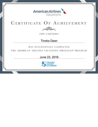 American Airlines Vacations Specialist - View Certificate