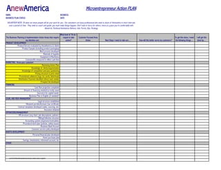commonfiles/templates/business action plan-english
AnewAmericaNAME: BUSINESS:
BUSINESS PLAN STATUS:
TARGET LAUNCH
DATE:
The Business Planning & Implementation Action Areas that require
my attention are:
What level of TA do I
requie to take
action?
Customer Focused Area
Action Next Steps I need to take are… How will this better serve my customers?
To get this done, I need
the following things…
I will get this
done by…
PRODUCT DEVELOPMENT
Product/Service evaluated by AnewAmerica & clients
Product Sample (including product packaging)
Work process developed
Materials & Supplies
Equipment & Machinery
Costs/profits measured & reflect cash flow
MARKETING : Know your customer!
Marketing Action Plan
Knowledge of clients/segmentation
Knowledge of competition and your positioning
Pricing structure & price sheet
Promotional collateral (logo, biz cards, letterhead)
Distribution Channels identified (direct mail, media)
Prospect list developed
FINANCING
Cash flow projection completed
Amount of financing needed/currently saved
Source(s) for capital needs
Business Plan in English (if needed)?
LEGAL AND RISK MANAGEMENT
Legal structure established
Obtained permits/licenses (tax certificate)
Contract templates developed (sales, sourcing, etc)
Insurance obtained
OPERATIONS/MANAGEMENT
HR structure (org chart, job descriptions, policies.)
Billing/Collection structure
Accounting system (expenses/receivables)
Procedural work plan (policies, safety issues)
Business Bank Account
Customer service policy developed
ASSETS DEVELOPMENT
Personal financial plan developed
Home purchase plan
Savings, investments, retirement account, etc.
OTHER
VOLUNTEER NOTE: TA does not mean people will do your work for you. Our volunteers are busy professional who seek to share of themselves in short intervals
over a period of time. They seek to coach and guide: you must make things happen. Don't wait or hurry for others, move at a pace you're comfortable with.
Needs for Technical Assistance Delivery: Info, Forms, Ops, Strategy
Microentrepreneur Action PLAN
 