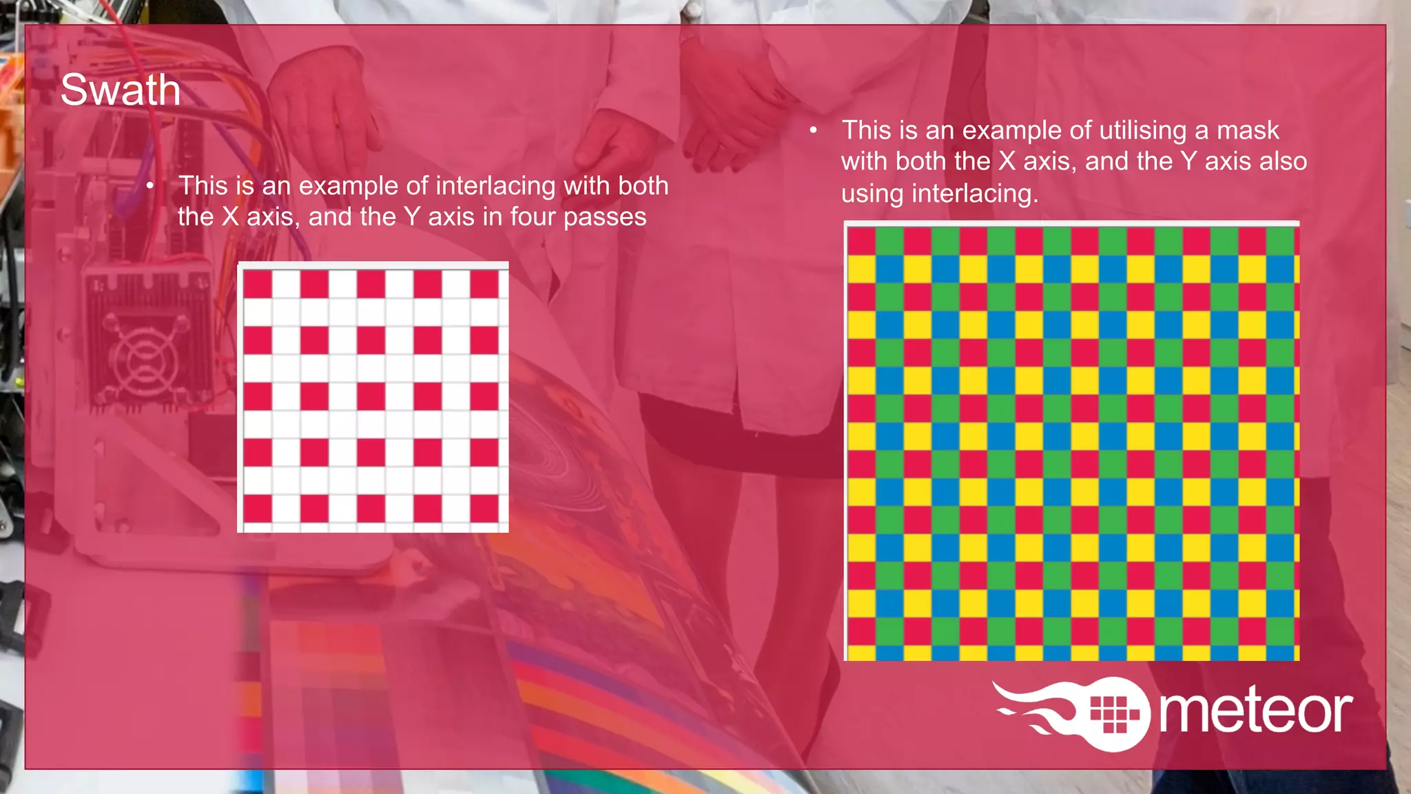 Swath
•  This is an example of interlacing with both
the X axis, and the Y axis in four passes
•  This is an example of utilising a mask
with both the X axis, and the Y axis also
using interlacing.
 