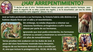 “Y decían el uno al otro: Verdaderamente hemos pecado contra nuestro hermano, pues
vimos la angustia de su alma cuando nos rogaba, y no le escuchamos; por eso ha venido
sobre nosotros esta angustia” (Génesis 42:21)
José ya había perdonado a sus hermanos. Su historia habría sido distinta si se
hubiese dejado llevar por el odio y el resentimiento.
Sin embargo, no estaba dispuesto a retomar sus
relaciones familiares arriesgándose a sufrir nuevos
abusos por parte de sus hermanos.
Ignorando que José podía entenderles, los hermanos
abrieron su corazón y mostraron su remordimiento.
¡21 años de remordimientos!
Varias pruebas más acabaron con las dudas de José. A
pesar del claro favoritismo mostrado hacia Benjamín,
ninguno de sus hermanos demostró celos o envidia por
él, sino que incluso lo protegieron (Gn. 43:34; 44:33-34).
 
