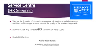 Service Centre
(HR Services)
 They are the first point of contact for any general HR enquires, they help to ensure
consistency of their approach and improve the quality of the services they provide
 Number of Staff they Support? 645( Student/Staff Ratio 13/14)
 Head of HR Services:
Name: Helen Hymers
Contact: h.e.hymers@hw.ac.uk
 