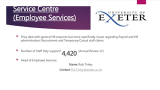  They deal with general HR enquires but more specifically issues regarding Payroll and HR
administration; Recruitment and Temporary/Casual staff claims
 Number of Staff they support?
4,420
(Annual Review 13)
 Head of Employee Services:
Name: Rob Tinley
Contact: R.S.Tinley@exeter.ac.uk
Service Centre
(Employee Services)
 