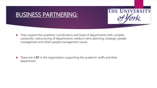  They support the academic coordinators and head of departments with complex
caseworks; restructuring of departments; medium-term planning; strategic people
management and other people management issues.
 There are 4 BP in the organisation supporting the academic staffs and their
department
BUSINESS PARTNERING:
 