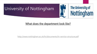 University of Nottingham
What does the department look like?
http://www.nottingham.ac.uk/hr/documents/hr-service-structure.pdf
 