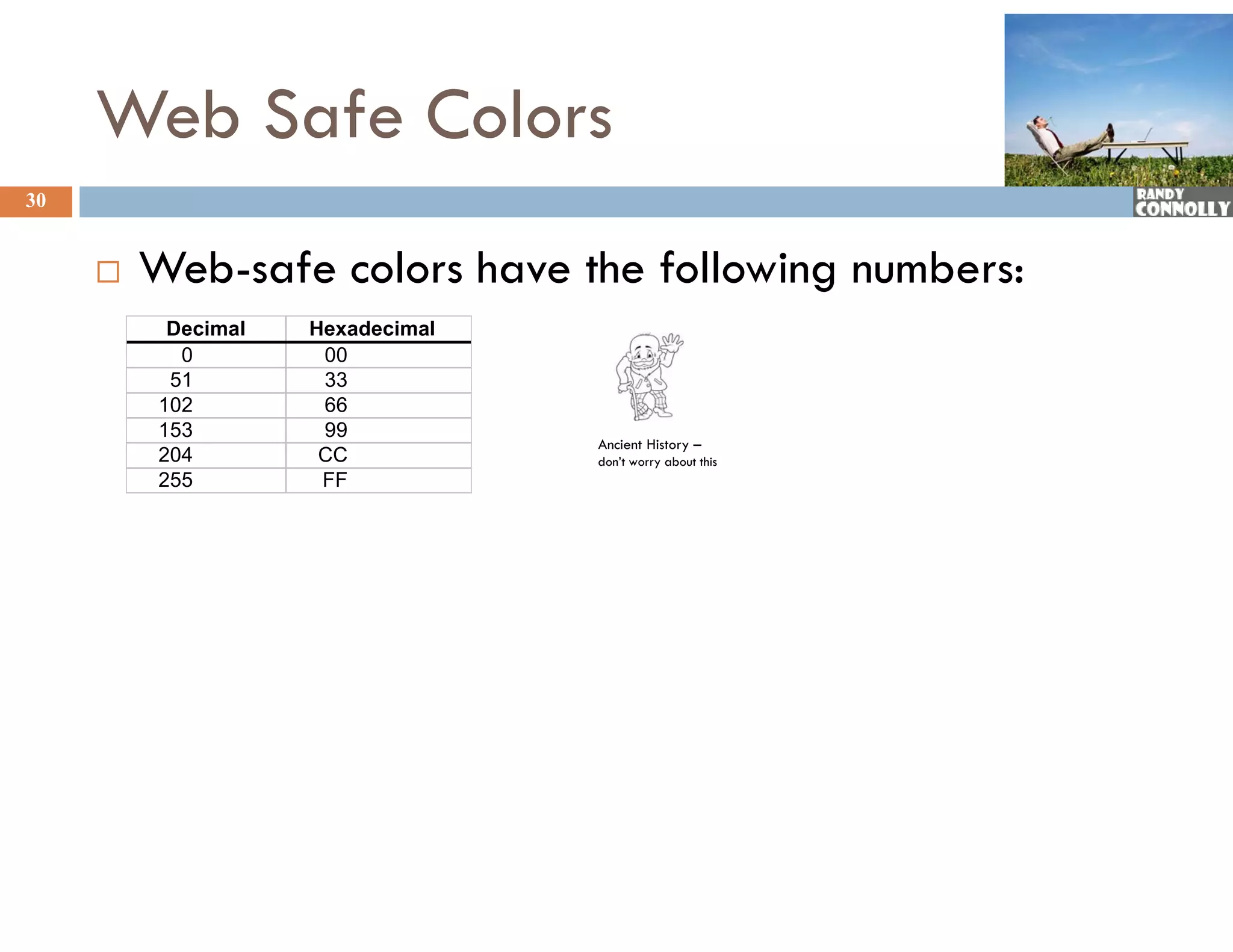 Web Safe Colors
30


        Web-safe colors have the following numbers:
          Decimal   Hexadecimal
           0         00
          51         33
         102         66
         153         99
                                  Ancient History –
         204         CC           don’t worry about this
         255         FF
 