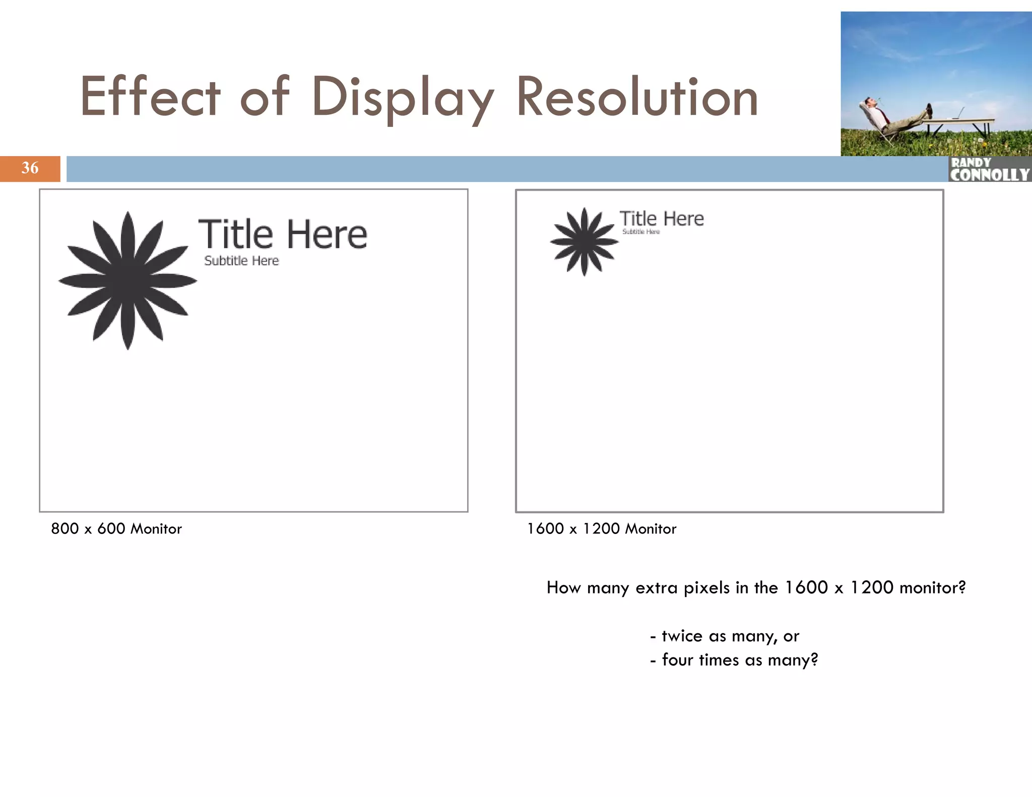 Effect of Display Resolution
36




     800 x 600 Monitor    1600 x 1200 Monitor


                            How many extra pixels in the 1600 x 1200 monitor?

                                         - twice as many, or
                                         - four times as many?
 