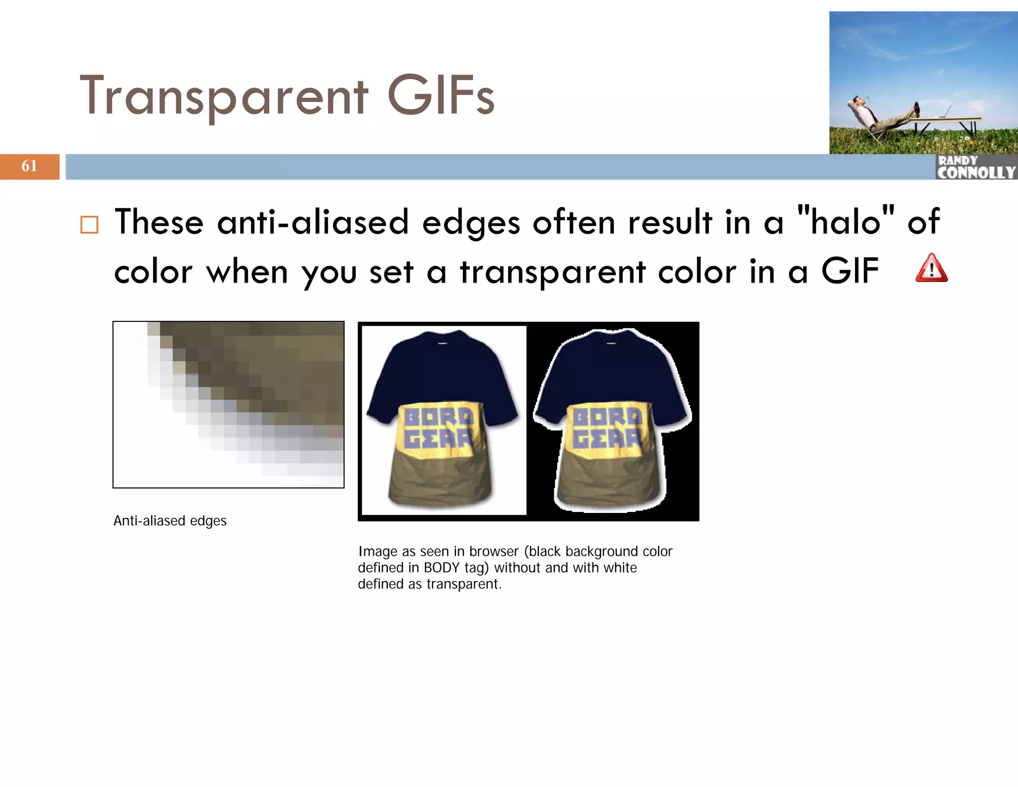 Transparent GIFs
61


        These anti-aliased edges often result in a "halo" of
         color when you set a transparent color in a GIF




         Anti-aliased edges

                              Image as seen in browser (black background color
                              defined in BODY tag) without and with white
                              defined as transparent.
                                         transparent
 