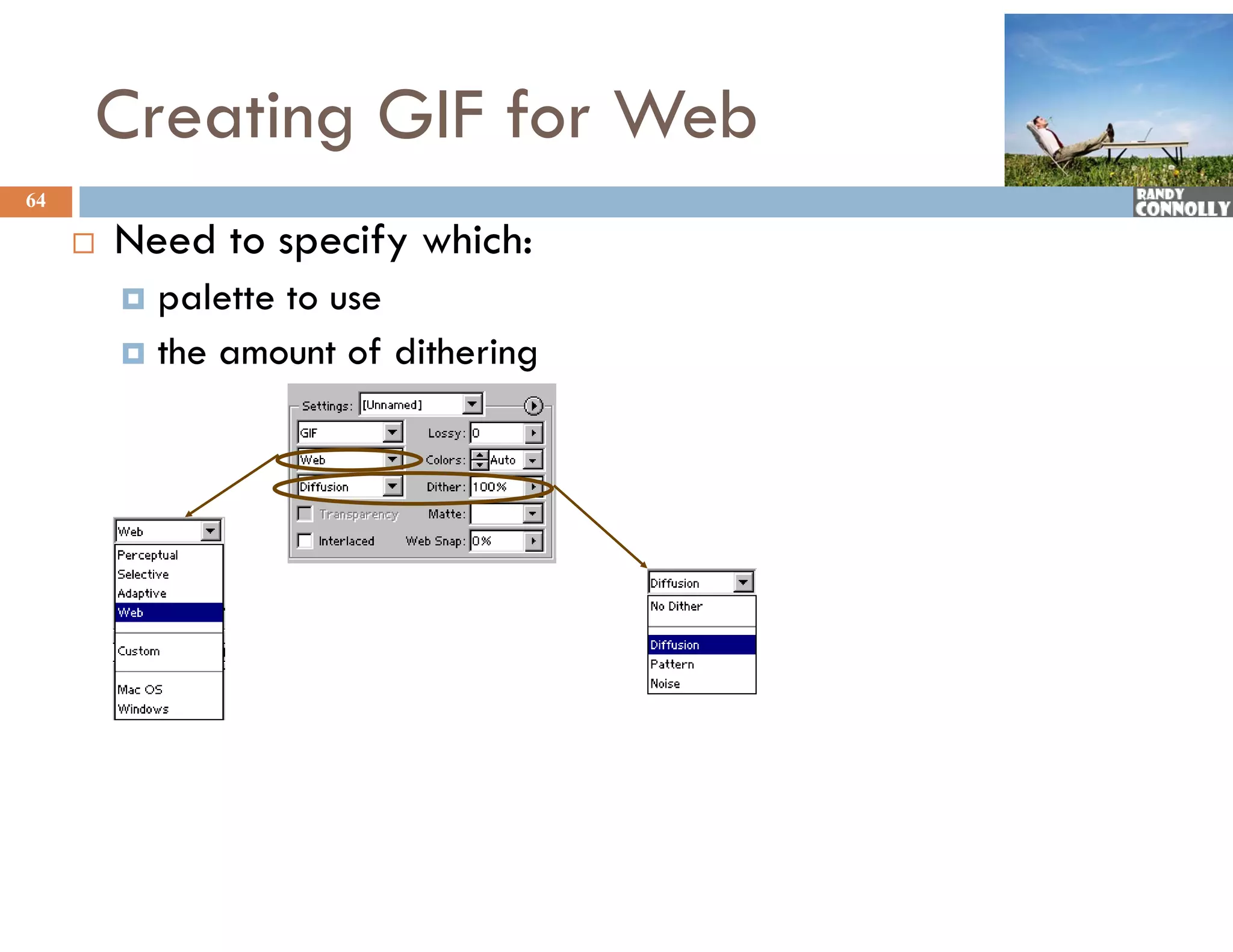 Creating GIF for Web
64

        Need to specify which:
          palette to use
          the amount of dithering
 