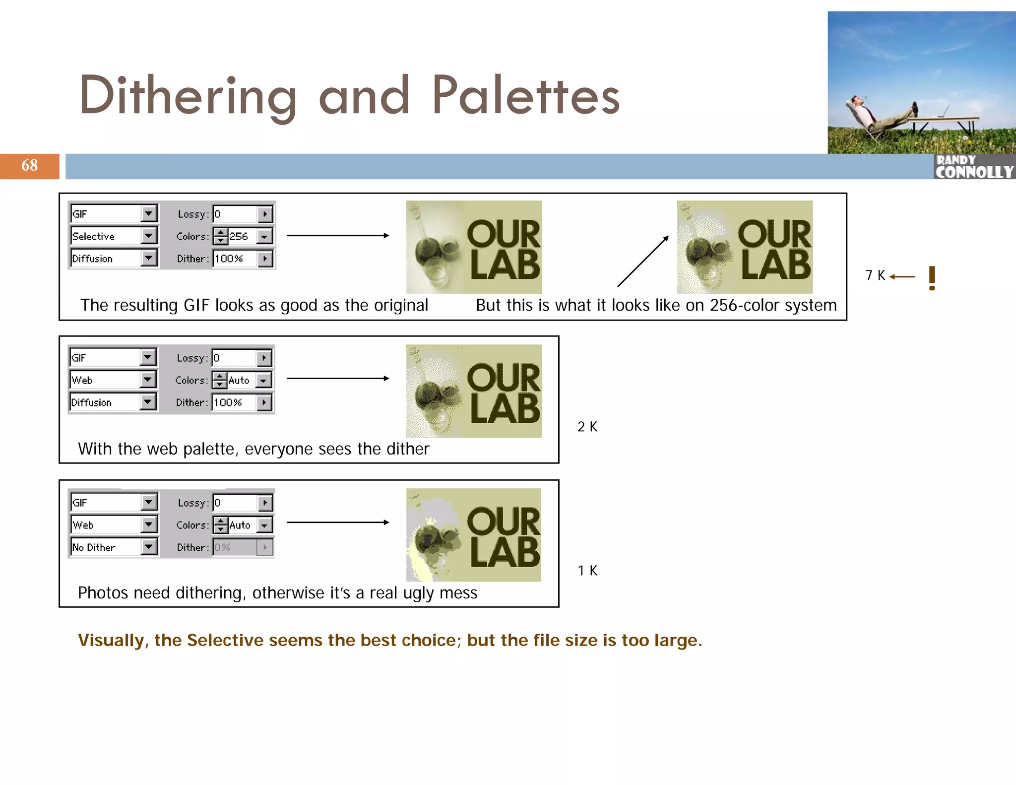 Dithering and Palettes
68




                                                                                                               7K
                                                                                                                    !
     The resulting GIF looks as good as the original      But this is what it looks like on 256-color system




                                                                        2K
     With the web palette, everyone sees the dither




                                                                        1K
     Photos need dithering, otherwise it’s a real ugly mess

     Visually, the Selective seems the best choice; but the file size is too large.
 