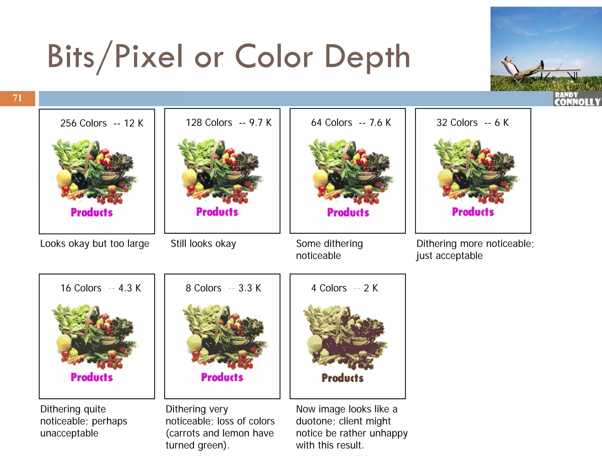 Bits/Pixel or Color Depth
71

         256 Colors -- 12 K
             C l                    128 Colors -- 9 7 K
                                        C l       9.7           64 Colors -- 7 6 K
                                                                   C l       7.6            32 Colors -- 6 K
                                                                                               C l




     Looks okay but too large    Still looks okay            Some dithering             Dithering more noticeable;
                                                             noticeable                 just acceptable


         16 Colors -- 4 3 K
                      4.3           8 Colors -- 3 3 K
                                                3.3             4 Colors -- 2 K




     Dithering quite            Dithering very               Now image looks like a
     noticeable; perhaps        noticeable; loss of colors   duotone; client might
     unacceptable               (carrots and lemon have      notice be rather unhappy
                                turned green).               with this result.
 