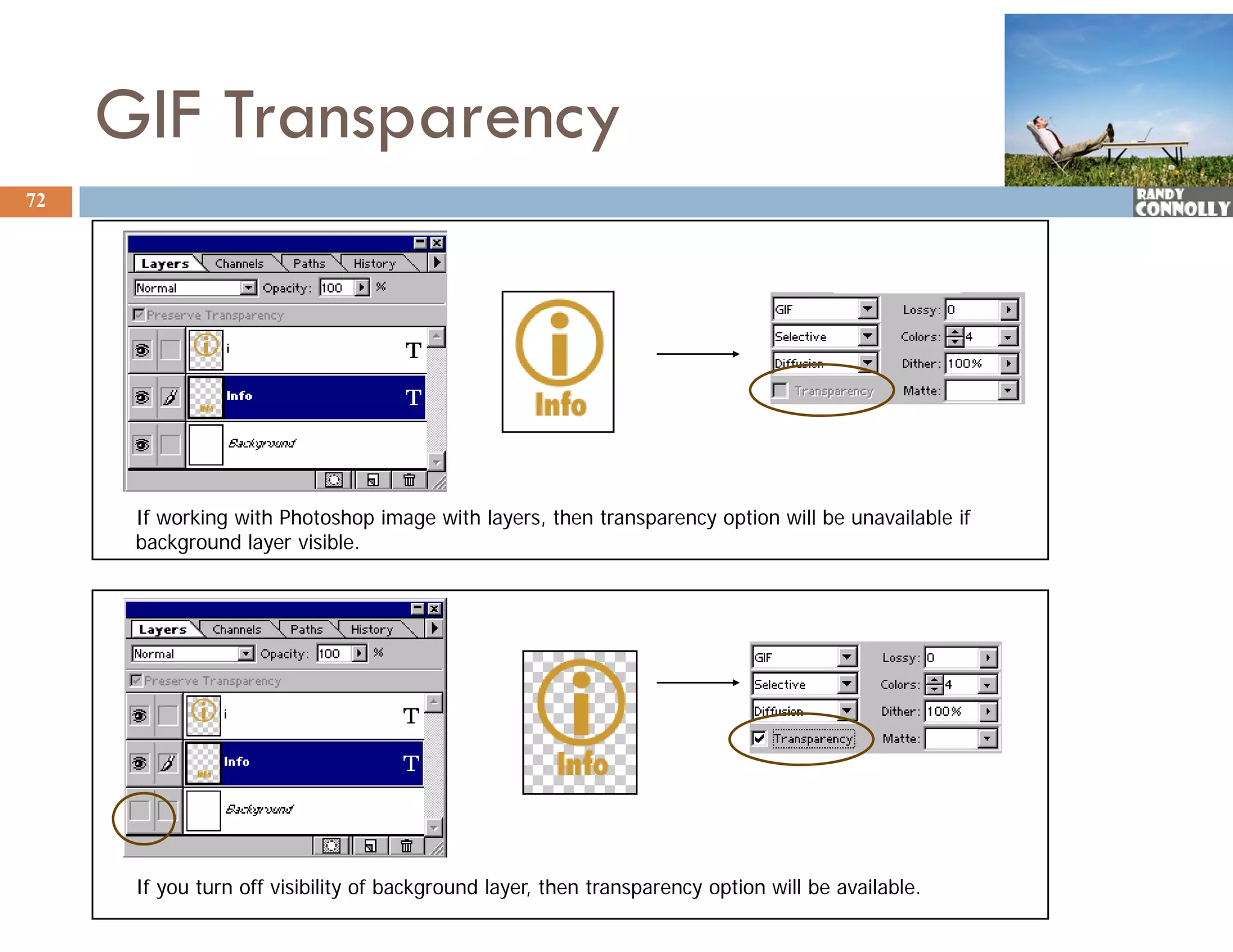 GIF Transparency
72




      If working with Photoshop image with layers, then transparency option will be unavailable if
      background layer visible.




      If you turn off visibility of background layer, then transparency option will be available.
 