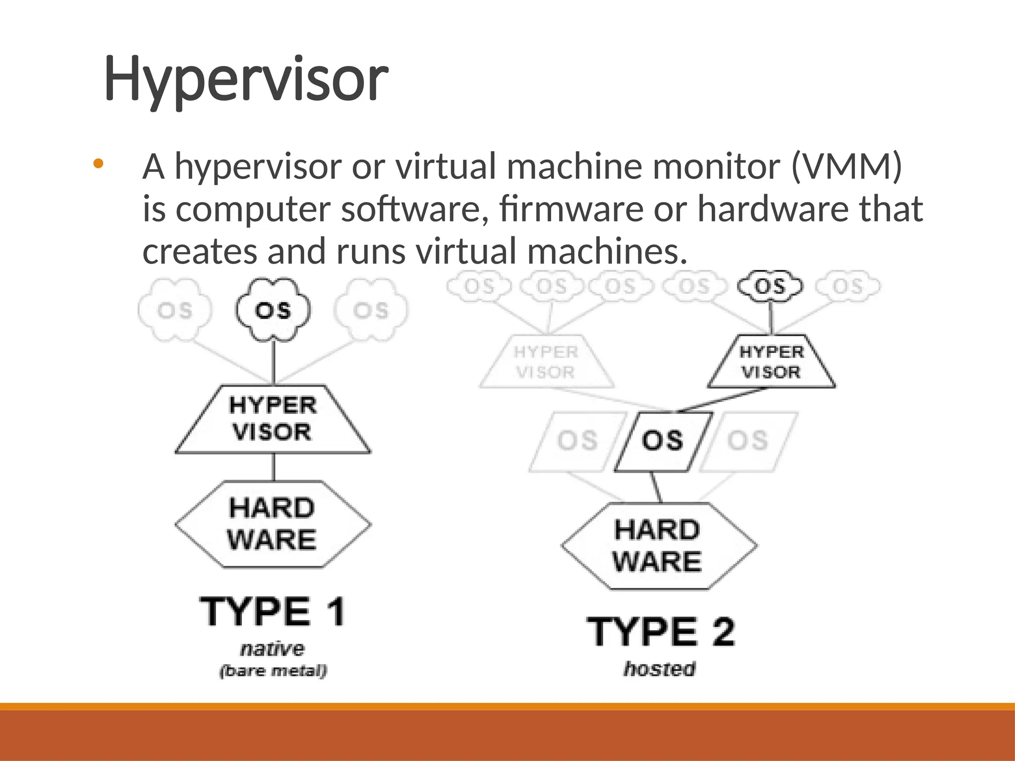 Hypervisor
• A hypervisor or virtual machine monitor (VMM)
is computer software, firmware or hardware that
creates and runs virtual machines.
 