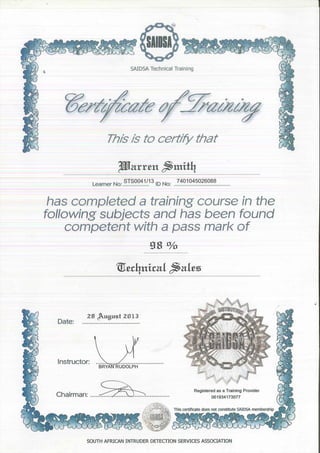 Warren Technical sales certificate