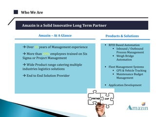 Who We Are
 Over 35 years of Management experience
 More than 20% employees trained on Six
Sigma or Project Management
 Wide Product range catering multiple
industries logistics solutions
 End to End Solution Provider
Amazin is a Solid Innovative Long Term Partner
 RFID Based Automation
 Inbound / Outbound
Process Management
 Weigh Bridge
Automation
 Fleet Management Systems
 GPS & Vehicle Tracking
 Maintenance Budget
Management
 Application Development
Products & SolutionsAmazin – At A Glance
 